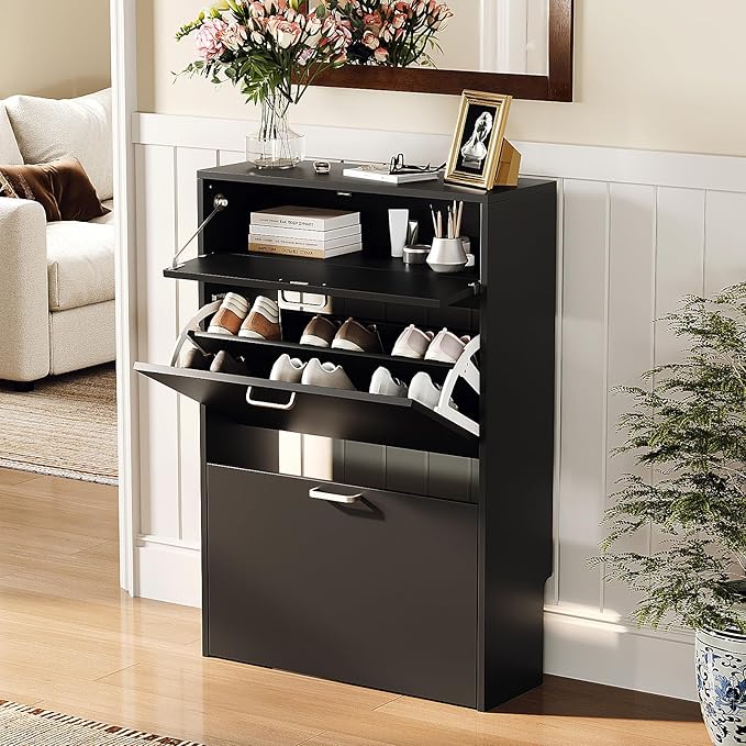 VINGLI Shoe Cabinet Storage for Entryway Ultra Slim with 2 Flip &1Drop-Down Drawers, 24.8" W Narrow Shoe Cabinet for Front Door Entrance,Freestanding Black Wood Shoes Organizer for Hallway