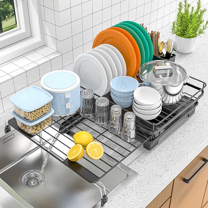 Extendable Dish Racks 16.3"-21.6" L x 16.7" W,Stainless Steel Dish Drying Rack for Kitchien Counter, Anti-Rust Dish Strainer with Cutlery Holder