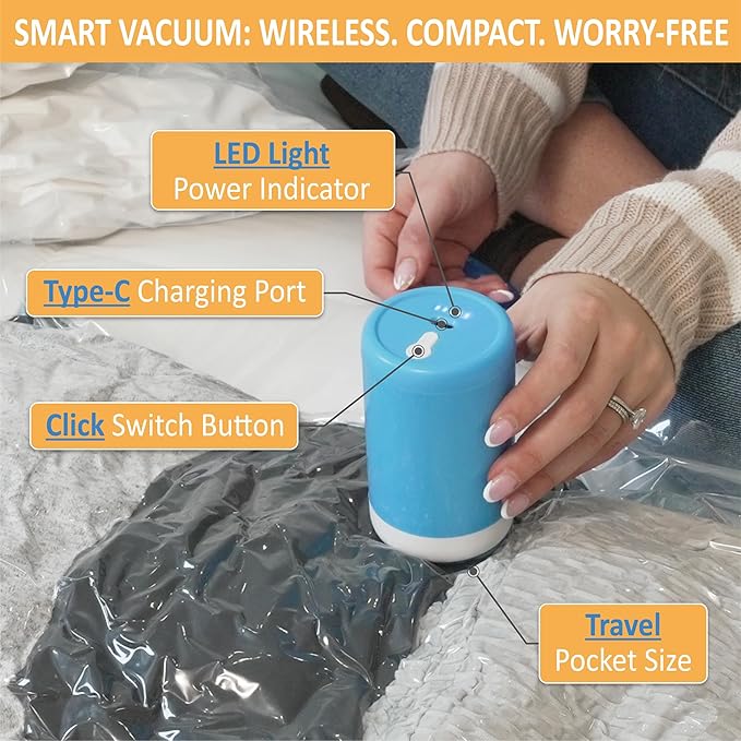 Cozy Essential 22 Pack Vacuum Storage Bags with Portable Rechargeable Wireless Electric Pump, Vacuum Seal Space Saver Bags for Clothing, Pillows, Blanket, Bedding, Comforter