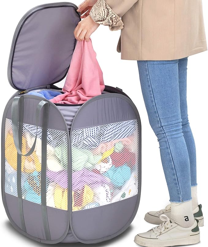 1.5 Loads, Pop-up Laundry Hamper with Extended, Thickened and Reinforced Handles, Tear Proof, Laundry Basket with Zipper Lid, With YKK Zipper, Honey Comb Mesh, Breathable, 14.9"*14.9"*21.6" (white)