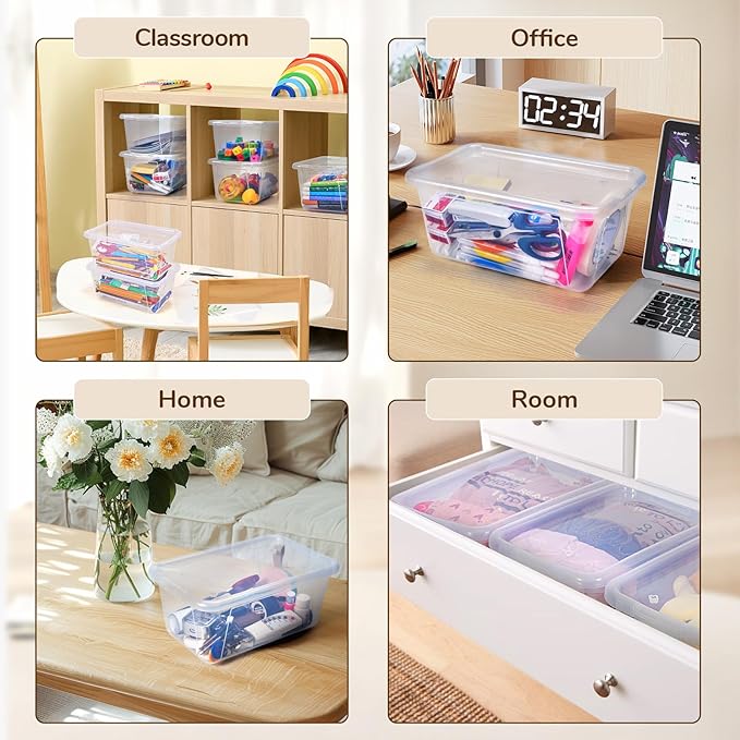 GAMENOTE 6 Quart Storage Bins with Lids-12 Pack Transparent Plastic Latching Box for Classroom & Kids Toy Storage-Stackable Shoe Box Size Containers for STEM Morning Tubs, Crafts & Building Blocks