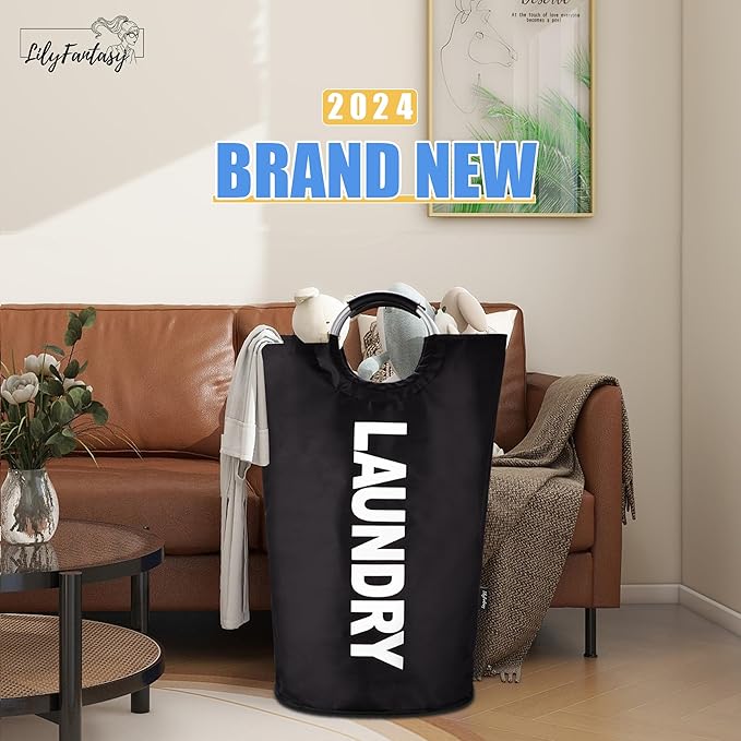 100L Laundry Basket, Collapsible Laundry Hamper with Padded Handles, Waterproof Laundry Bag, Tall Clothes Hamper Stand Up Well, Foldable Laundry Baskets for Easy Storage(Printed Black)