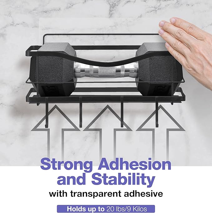 KINCMAX Premium Shower Caddy - Self Adhesive Shower Shelf with 4 Hooks - No Drill Large Capacity Stainless Steel Rack - Aesthetic Organizer for Bathroom Wall Decor - Matte Black