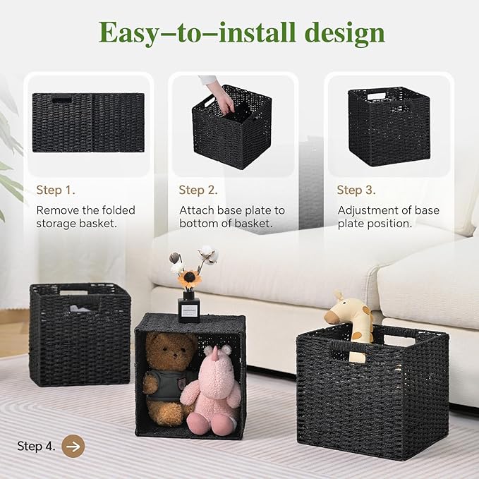 Woven Wicker Storage Baskets 2-Pack, 11x11 Handwoven Paper Rope Organizer Bins, Foldable Cube Storage Cubes with Built-in Handles for Shelves and Closet Organization(Classic Black)