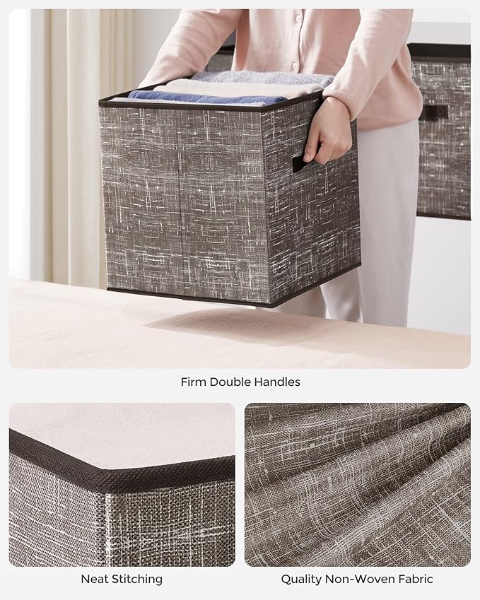 SONGMICS Storage Cubes, 13-Inch Non-Woven Fabric Bins with Double Handles, Set of 6, Closet Organizers for Shelves, Foldable, for Clothes, Walnut Color UROB033K02