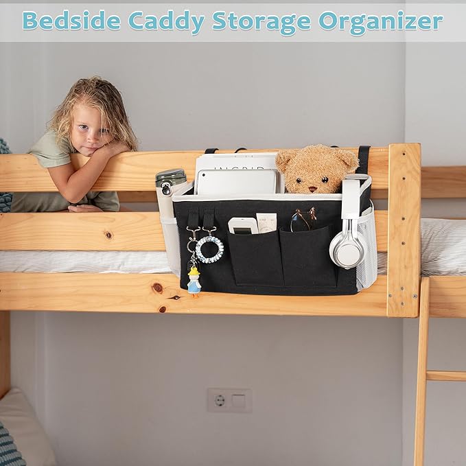 Loghot Bedside Caddy/Bedside Storage Bag Hanging Organizer for Bunk and Hospital Beds,Dorm Rooms Bed Rails,Can be Placed Glasses,Books,Mobile Phones,Keys (2pc Black)