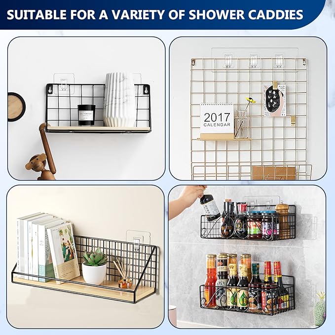 HAOBAOBEI 14 Pack Shower Caddy Replacement, Strong Adhesive Flat Hooks, Clear Waterproof Shower Shelf Strips for No Drilling Bathroom Storage Shelves, Soap Holder, and Kitchen Racks