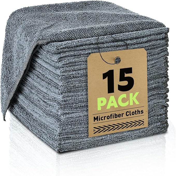 Microfiber Cleaning Cloths Bulk-15 Pack, Gray Microfiber Towels for Cars, Ultra Absorbent Microfiber Towel Weave Grime & Liquid for Streak-Free Mirror Shine - Car Washing Cloth, 12x12 inches