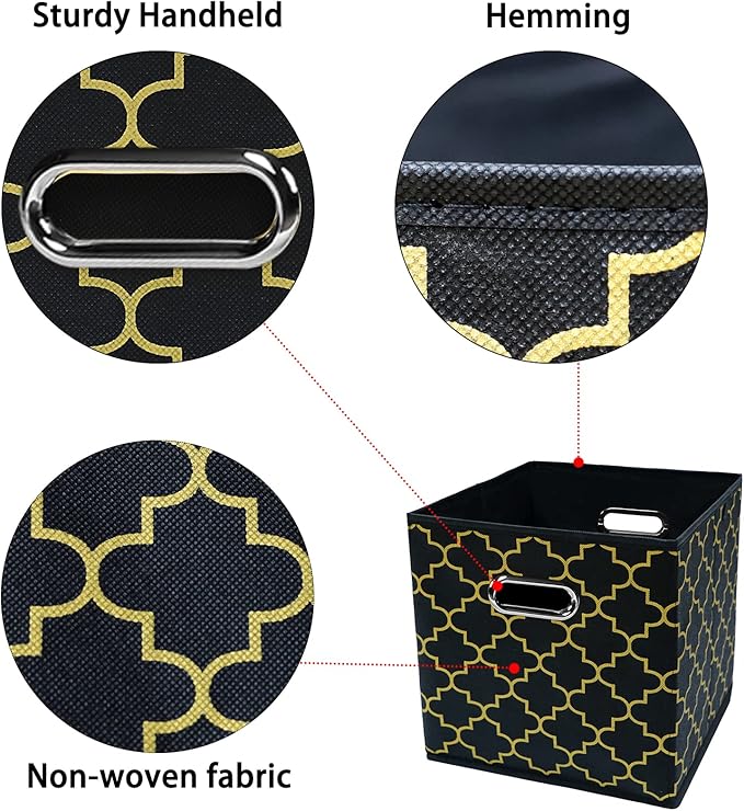 Black Foldable Storage Cubes Bins , Fabric Storage Box Cubes Organizer Baskets with Dual Handles for Home Organizer Black Gold