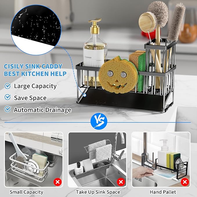 Cisily Kitchen Sink Caddy Organzier with High Brush Holder, Sponge Holder for Sink, 304 Rustproof Stainless, Kitchen Countertop Soap Dispenser Organizer (Black With Smiley Face Holder, 9.25″)