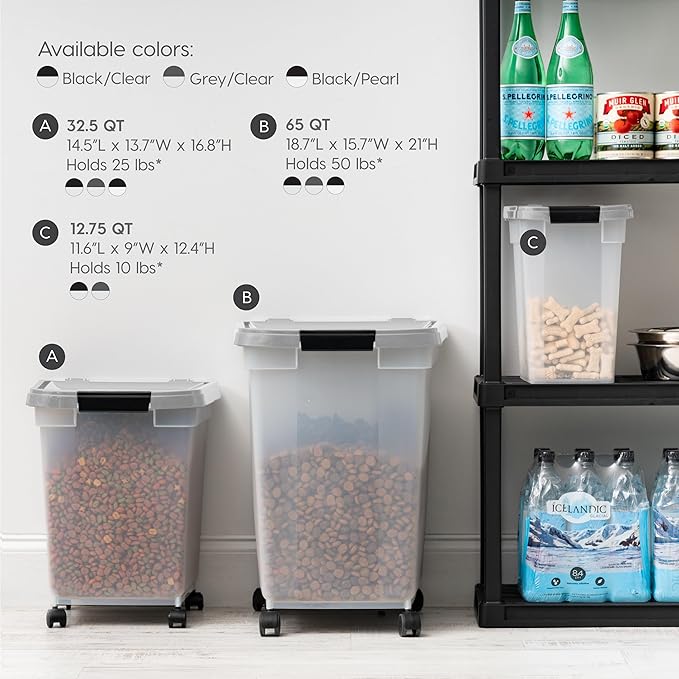IRIS USA Airtight Dog Food Storage Container, WeatherPro, Up to 25 lbs, Removable Wheels, for Dog Cat Bird and Other Pet Food Storage Bin, Keep Fresh, Translucent Body, Made in USA, Clear/Gray