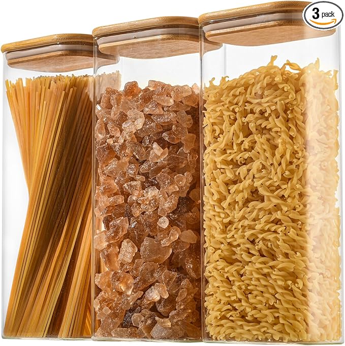 D2scrma 71oz Rectangle Airtight Glass Storage Containers with Bamboo Lids (Set of 3), Square Food Storage Jar, Pantry Organizers for Sugar, Flour, Spaghetti and Coffee beans (‎with Black Lable)