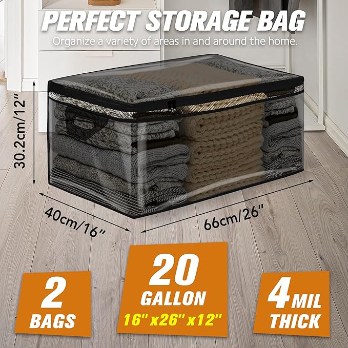 HIBAG 20 Gallon Large Storage Bag for Clothes, Zipper Clothing Storage Bag Organizer with Handles, for Comforters Blankets Pillows Bedding (Black, 2 Pack)