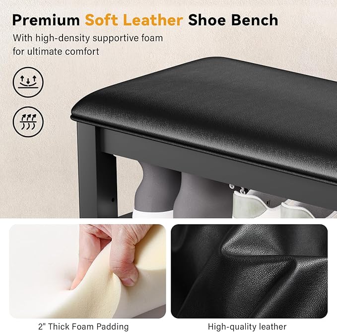 Taitiy Shoe Bench Storage Rubberwood with Leather Cushion for Entryway Bench Ideal for Hallways Shoe Rack Front Doors Entrances Mudrooms Featuring 3 Height-Adjustable and Removable Shelves