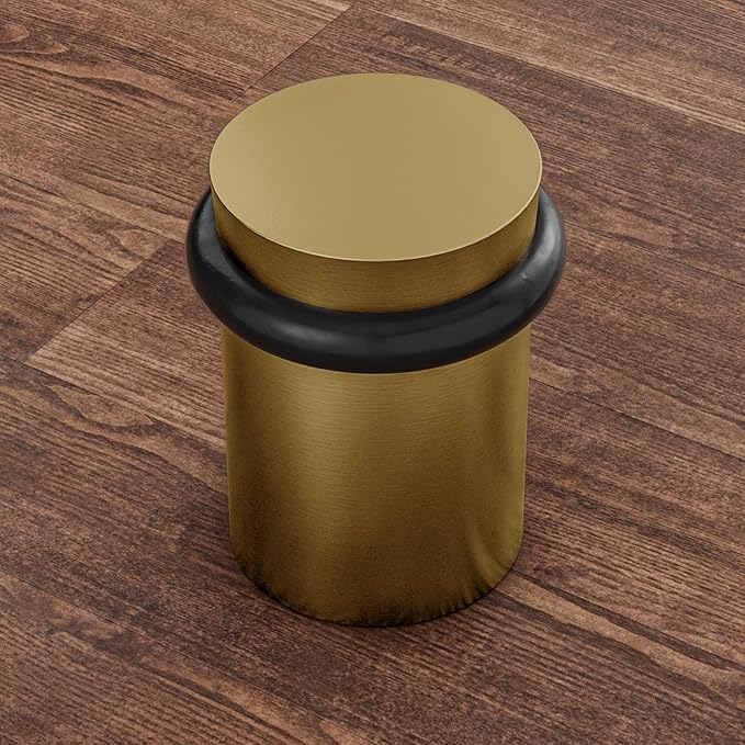NYCO - Floor Door Stopper Chrome Door Stop - Classy Solid Steel Modern Heavy Duty Door Stoppers - Floor Mount Anchor Screw - Wall Protector for Commercial Door (1.5 Inch Satin Brass)