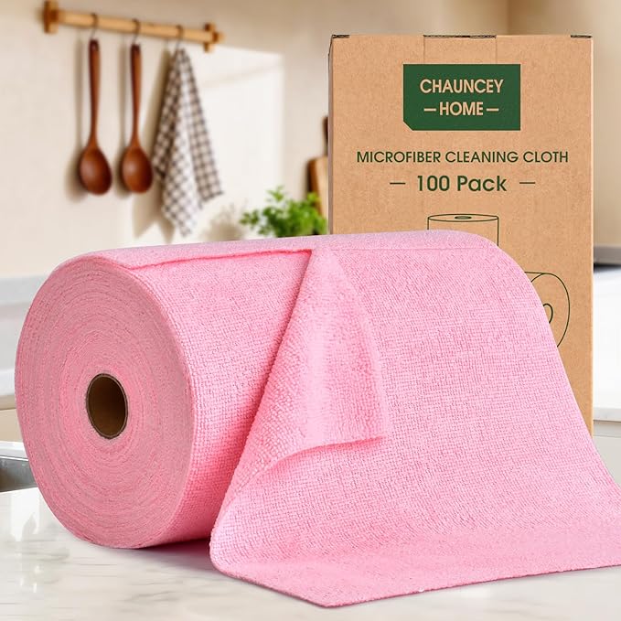 CHAUNCEY HOME Microfiber Cleaning Cloth Roll - 100 Pack Tear Away Microfiber Paper Towels, Reusable, Washable, Scratch-Free, Kitchen Towels for Car, Home, Kitchen, Glass, Dishes(Pink)