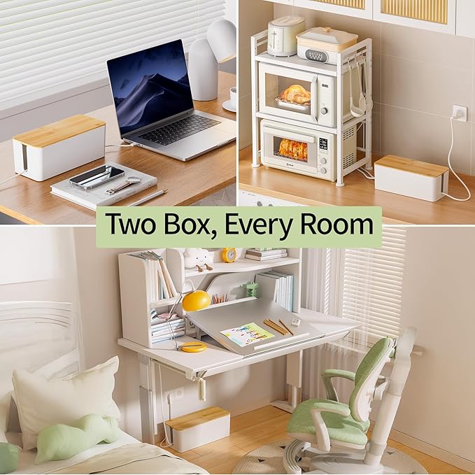 YECAYE 2 Pack Cable Management Box, Wooden Lid & Plastic Body, Medium and Small Cord Organizer Box – Power Strip Cord Organizer, Cable Hider for Home & Office– Baby Proofing