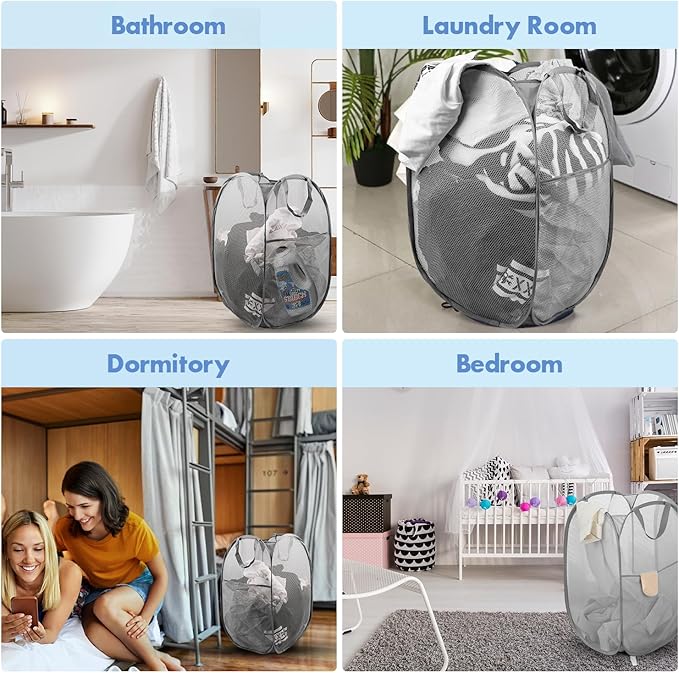 DUCOO Pop Up Hamper, 1 PCS Mesh Pop Up Laundry Hamper, Foldable Mesh Laundry Basket with Space-Saving Design for Home, Dorm, Travel & Storage - Gray