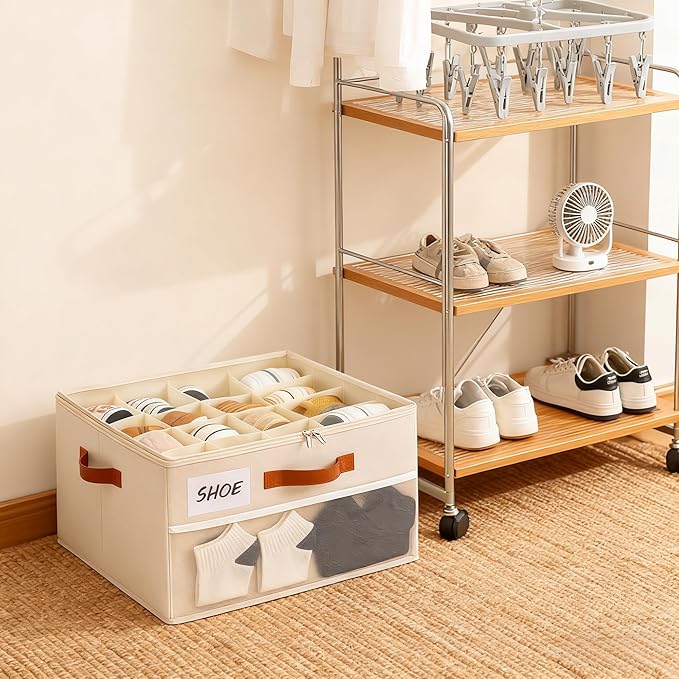HOMICKER Shoe Organizer for Closet, Shoe Storage Box, Foldable Shoe Box with Adjustable Dividers and Clear Cover, Closet Shoe Organizer Fits up to 16-32 Pairs, Extra Storage Pocket for Socks (2 Pack)