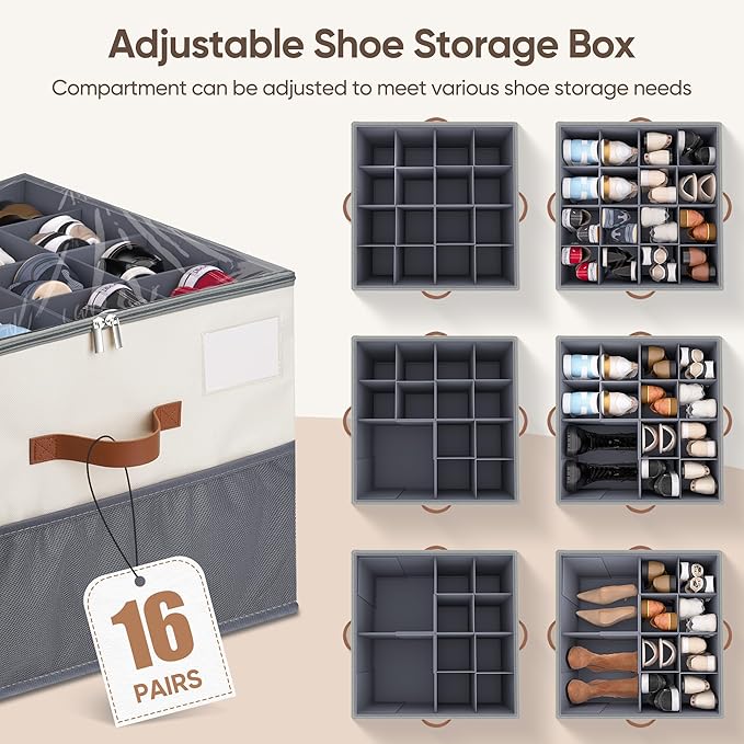 MSTONAL Shoe Organizer for Closet, 1 Pack Shoe Storage Container with Adjustable Dividers, Space Saving Shoe Box Storage Organizer Bin with Clear Lid and 4 Handles, Fits 8-16 Pairs, Beige & Grey