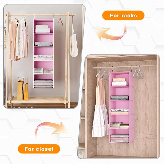 Hanging Closet Organizer, Easy Mount Foldable 5-Shelf Hanging Closet Wardrobe Storage Shelves, Clothes Handbag Shoes Accessories Storage, Washable Oxford Cloth Fabric, Pink