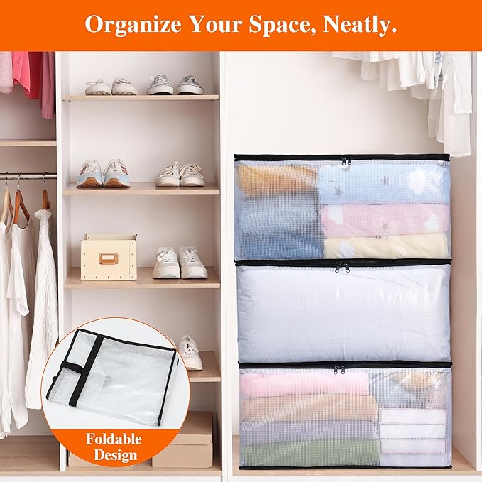 Vieshful 7 Pack 60L Clear Clothes Storage Bags with Zipper and Handles, Large Plastic Organizers for Comforter Clothes Bedding Blankets Duvets Pillow Toys & Moving