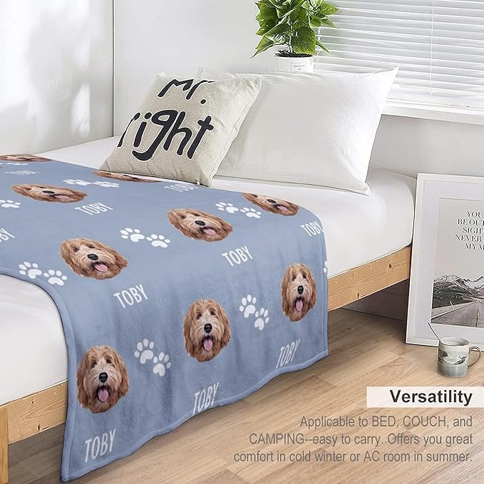 Custom Blanket with Dogs Pictures & Name Personalized Funny Dog Face Throw Blankets Soft Warm Plush Fleece Customized Blanket for Couch Bed Sofa Gifts for Dog Dad Mom Birthday Christmas