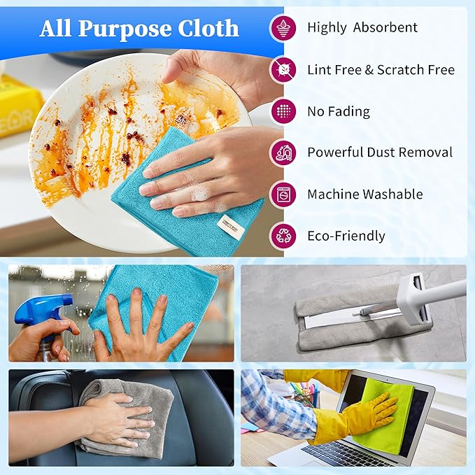 FIXSMITH Microfiber Cleaning Cloth - Pack of 24, Multi-Functional Towels, Size: 12 x 16 in, Highly Absorbent Rags, Lint-Free, Streak-Free for Car, Kitchen, Home, Office