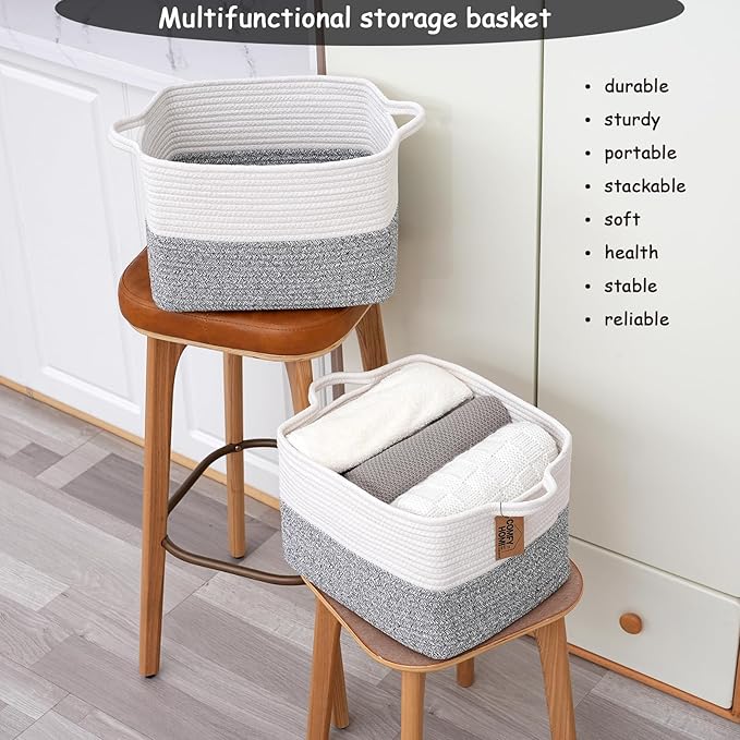 COMFY-HOMI 3-Pack Cotton Rope Woven Rectangular Basket with Handles for Organizing, 13.5" x 11" x 9.5", White/Grey