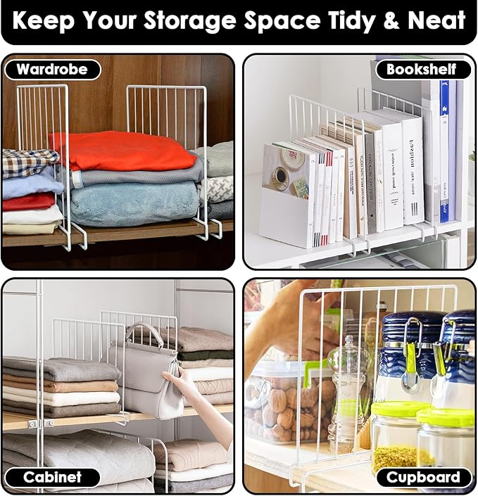 Shelf Dividers, 8 Pack Shelf Dividers for Closet Organization, Metal Closet Shelf Organizer for Wood Shelves Separators for Purse Handbag Sweater Clothes Book Storage Bedroom Wardrobe Kitchen Cabinet