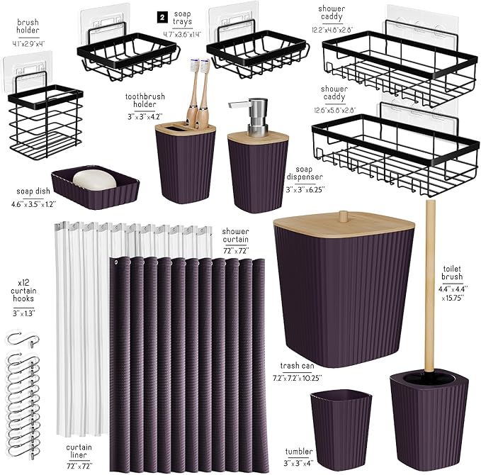 Clara Clark Bathroom Accessories Set - Bathroom Set with Adhesive Corner Shower Caddy Hanging, 25PC Bathroom Accessory Set, Purple Shower Curtain Set, Toilet Brush, Trash Can & Soap Dispenser