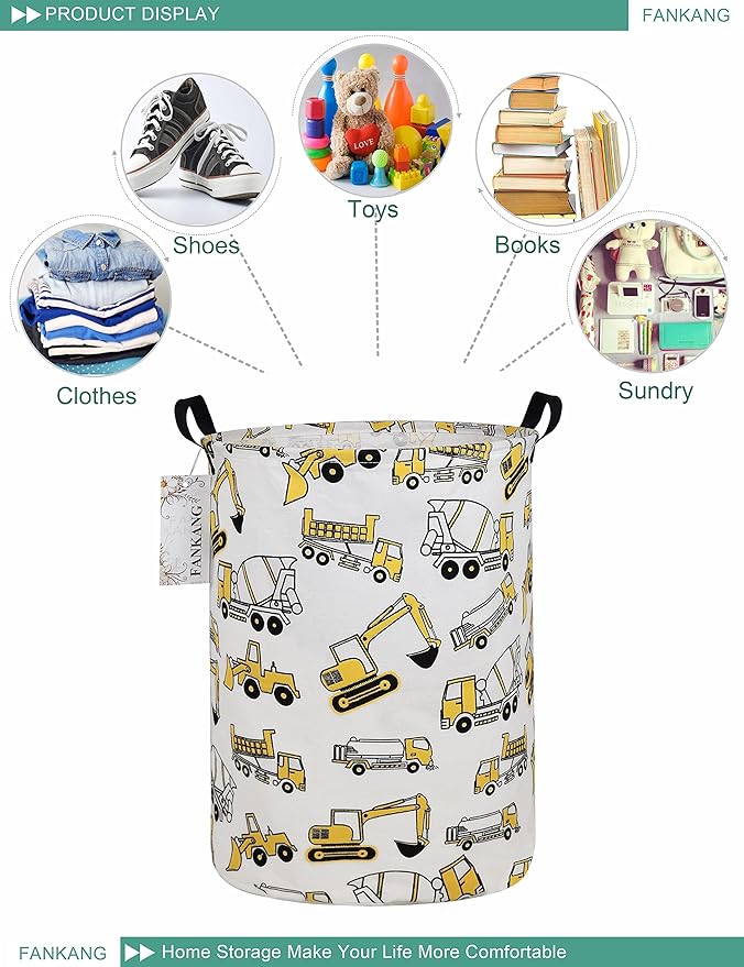 FANKANG Storage Basket, Nursery Hamper Canvas Laundry Basket Foldable with Waterproof PE Coating Large Storage Baskets for Kids Boys and Girls, Office, Bedroom, Clothes,Toys（excavator）