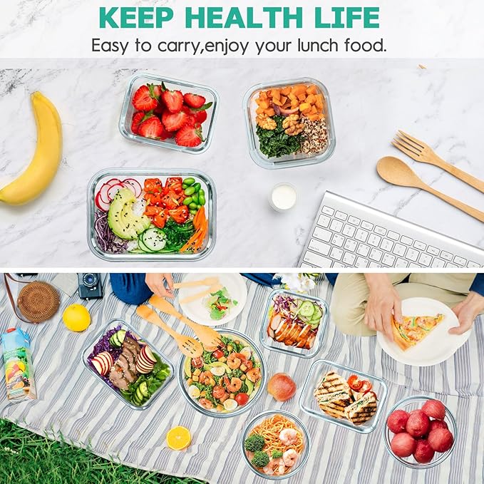34pcs Glass Food Storage Containers with Lids Set, Airtight Glass Meal Prep Containers (17 Containers & 17 Lids), Leak Proof Lunch Container BPA-Free, Microwave, Oven, Freezer, Dishwasher Safe-Blue