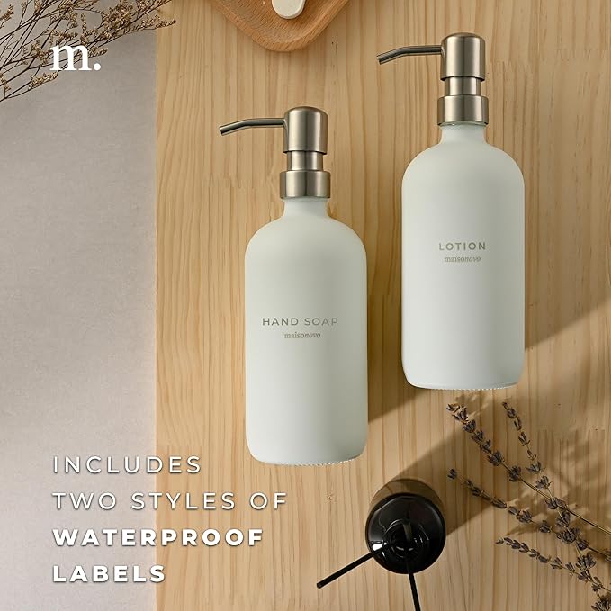 MaisoNovo Soap Dispenser 2-Piece Set | 16.9oz White Bottles with Silver Stainless Steel Pump Core