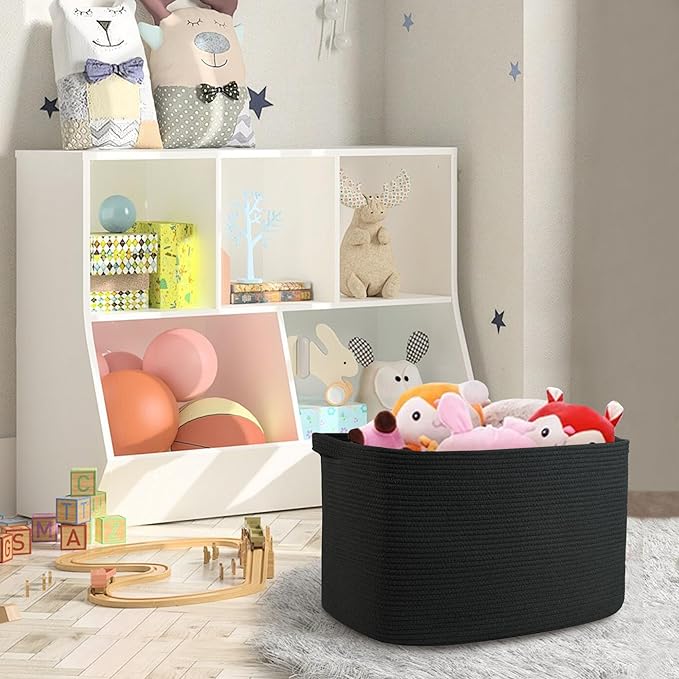 Extra Large Basket for Blankets, 23.6" x 17" x 12" Black Blanket Storage for Living Room, Big Cotton Rope Pillow Holder, Rectangle Kid Dog Toy Bin Box, Woven Laundry Basket, Shoe Bin Entryway