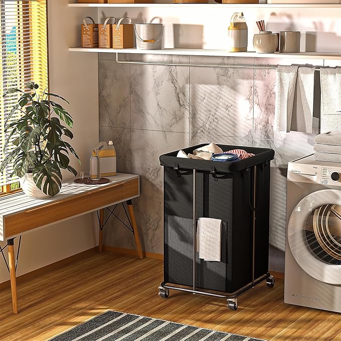 Laundry Basket 155L, Oxford Fabric Laundry Hampers, Metal Frame and Removable Bag Design with Wheels, Suitable for Bedroom, Bathroom, Dorm Room, Laundry Room (Pure Black)