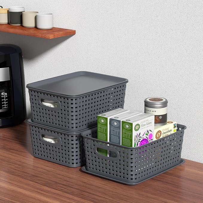 6-Pack Small Plastic Woven Storage Basket with Lid, Stackable Organizer Basket Bin, Grey