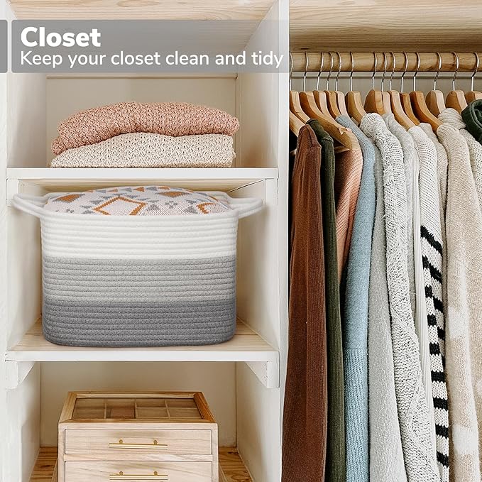 Goodpick Woven Storage Basket, Closet Storage Bins for Books, Towels, Cotton Rope Organizer with Handles, Square Toy Gift Basket for Kids, Gradient Gray, 13 x 10 x 9 Inches