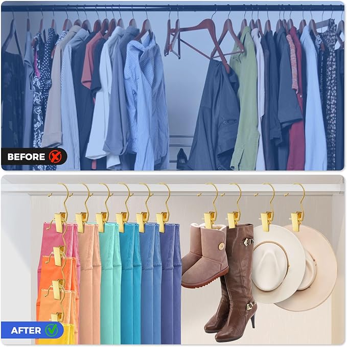 30 Pack Gold Boot Hangers for Closet, Pants Hangers with Clips Portable Travel Hanger Space Saving, Boot Clip Hooks for Hanging Clothes Pins Leggings Hangers Laundry Towels Hat Bra Socks Jean