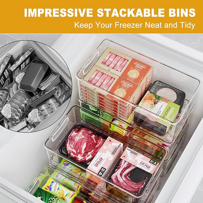 Hudgan 8 Pack Pantry Organizer and Storage, 2 Extra Large Stackable Freezer Organizer Bin, 3 Large Clear Storage Bin and 3 Medium Plastic Container for Home Edit, Kitchen Cabinet, Bathroom Shelf