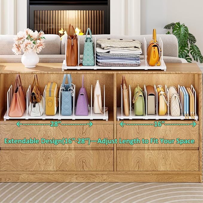 Extendable Purse Organizers Purse Storage. Length 16-28 in. Bag Organizer Purse Holder for Closet with 8 Adjustable Shelf Dividers Patent Pending