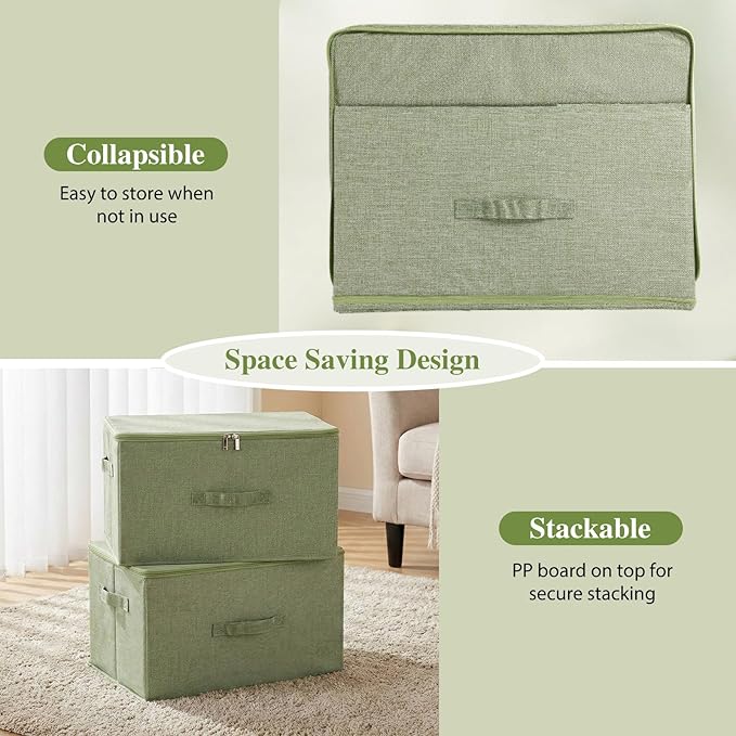 ANMINY Storage Bins with Zipper Lids 51.9 Qt Lidded Fabric Storage Boxes Baskets Cubes with Handles Collapsible Washable Cotton Linen Closet Shelf Clothes Organizer - Green, Extra Large