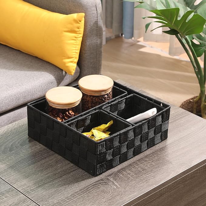 Woven Storage Baskets Set of 4, Stackable Fabric Storage Bins with Metal Frame for Closet, Shelf, Drawer, Nursery, and Office Organization – Polypropylene Organizer Boxes, Black