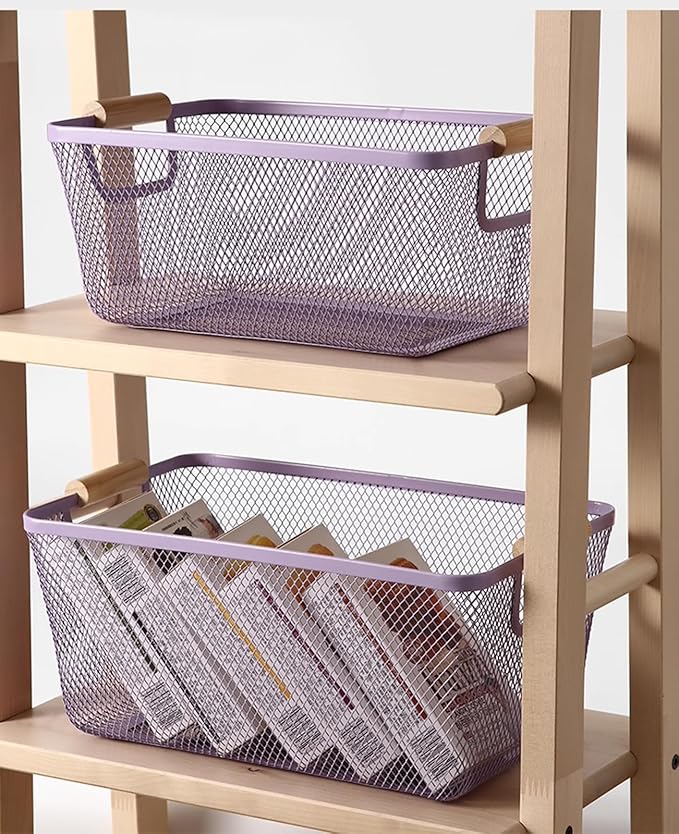 Metal Mesh Steel Basket, Medium Wire Storage Organizer Basket Multi-function Hanging Kitchen Basket with Wood Handle for Kitchen Bathroom Picnic Home, Rectangle-Purple