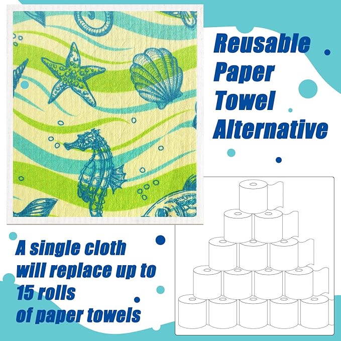 6 Pcs Swedish Kitchen Dish Towels Kitchen Cloths Reusable Sponge Cleaning Cloths Absorbent Dish Cloth Quick Drying Washable Cleaning Wipes No Odor Hand Towel (Ocean)