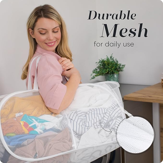 Foldable Laundry Basket - Popup and Collapsible, Durable Mesh Material, Folds for Storage, Easy Carry Handles - Great Hamper for College Dorm, Laundry Room or Travel (White, 2-Compartments)