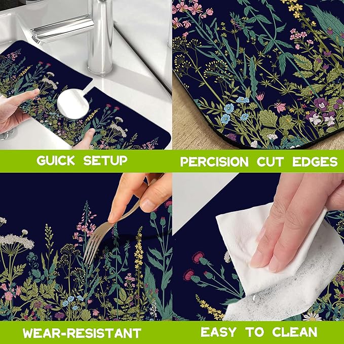Colorful Herbs and Wild Flowers Kitchen Sink Splash Guard Faucet Mat Super Absorbent Fast Drying Mat Guard Behind Faucet Drip Catcher for Kitchen Bathroom, 15.5"X5.5"