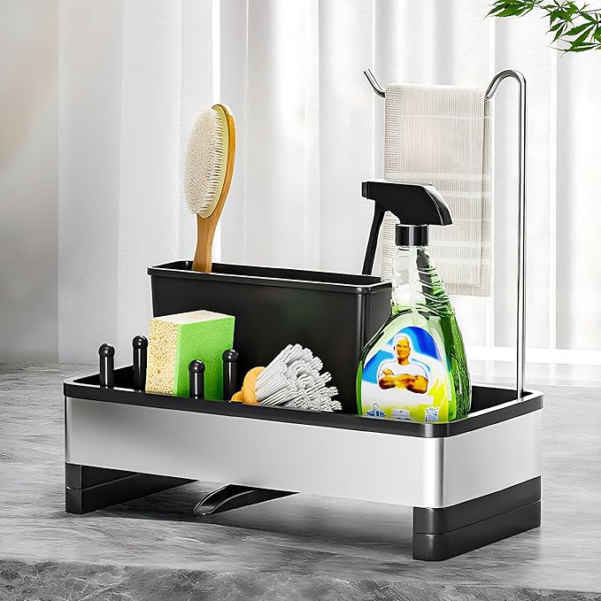 Ewaiira Stainless Steel Sink Caddy, Sponge Holder for Kitchen Sink with Brush Holder & Dishcloth Rack, Rustproof Sink Organizer Countertop, Kitchen Organizers Storage Essentials (D-Black)