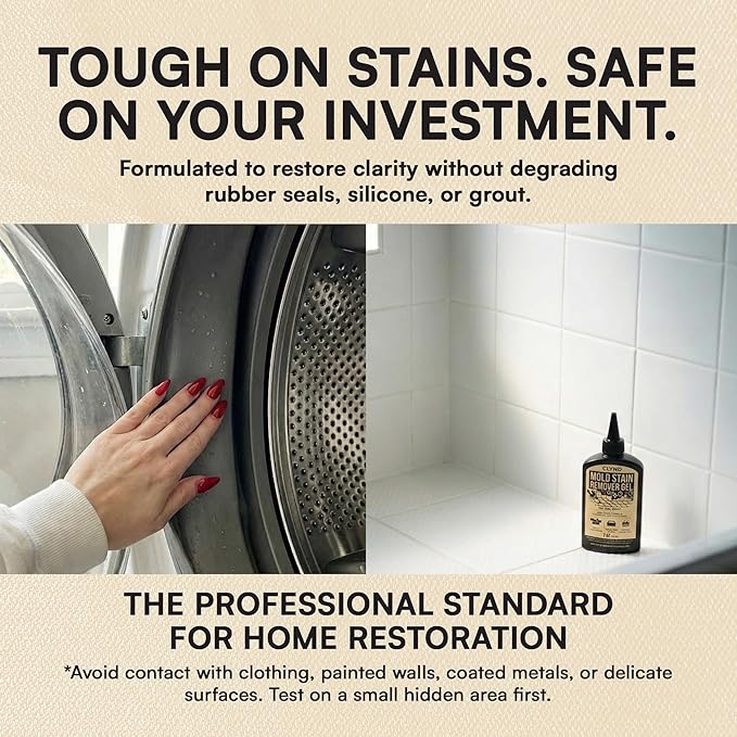 Stain Remover Gel - Low Odor, No Harsh Fumes - For Washing Machine Rubber Seal, Bathroom Grout and Caulk, Shower Tile Cleaner, HE Front Load Washer Safe, UV-Shield Black Bottle - 7 oz