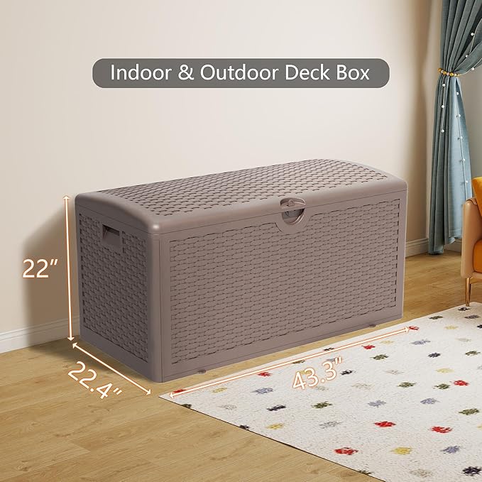 Outdoor Storage Box Waterproof, 90 Gallon Pro Lockable Resin Deck Box Large, Patio Storage Bin for Pool Accessories Cushion Furniture, Garden Tools, UV-Resistant Outside Delivery Brown